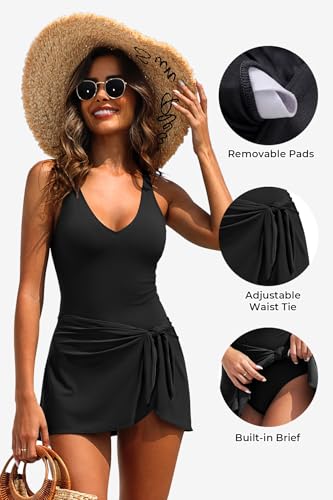 Image of Tempt Me Women One Piece Swim Dress Tummy Control Swimsuit with Skirt | V-neck flattering Cut, Wrap Tie Side, Removable Padded Cups, Adjustable Straps
