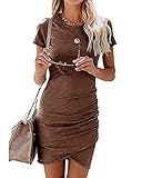 BTFBM Women's 2025 Summer Casual Beach Dresses Crew Neck Short Sleeve Wrap Party Club Mini Ruched Bodycon T Shirt Dress(Dark Brown, Large)