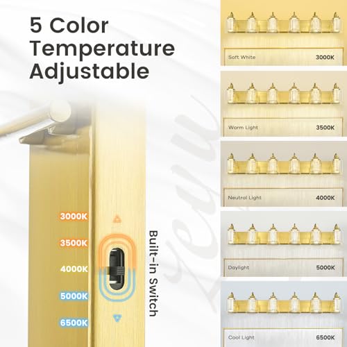 Image of zeyu 6-Light Bathroom Wall Mounted Light, 40W Gold Bathroom Light Fixtures with 5 Color Modes, Brushed Gold Finish with Crystal Bubble and Clear Glass, ZSL72B-6W LED BG