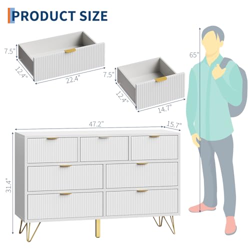 7 Drawer Dresser, 47.2" Wide Modern White Dresser for Bedroom, Wooden Chest of Drawer with Gold Metal Legs and Handles, Narrow Entryway Table Storage Organizer for Living Room, Hallway, Entryway