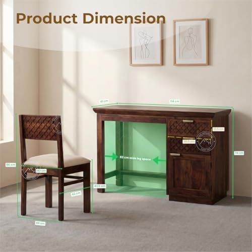 Image of NSH Solid Sheesham Wood Study Table with Chair | Wooden Writing Desk with Drawer & Door Storage | Pre-Assembled Computer Desk Workstation for Home Office & Study Room | Teak Finish