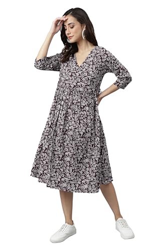Image of Janasya Women's Cotton Floral Print Angrakha Dress