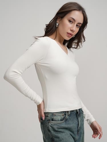 Image of Tokyo Talkies Women's V-Neck Fitted Top | Long Sleeves & Flattering Silhouette for A Chic Look | Sleek & Versatile | Tops for Woman | Women Tops | Stylish Top