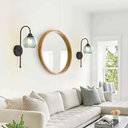 Image of KCO Lighting Mid Century Modern Wall Sconce Matte Black Vintage Bathroom Light Fixture Green Glass Globe Wall Light Hallway Indoor Sconces Wall Lighting Set of 2