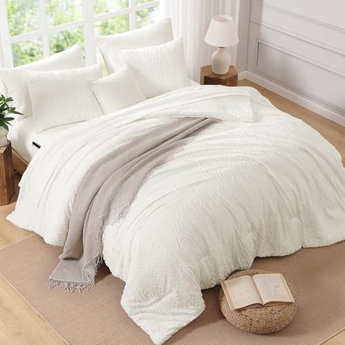 Image of AMBERSPACE King Size Comforter Set White, Tufted Boho Bedding Farmhouse Bed Set, All Season 7 Pieces Bed in a Bag with Sheets, Pillowcases & Shams