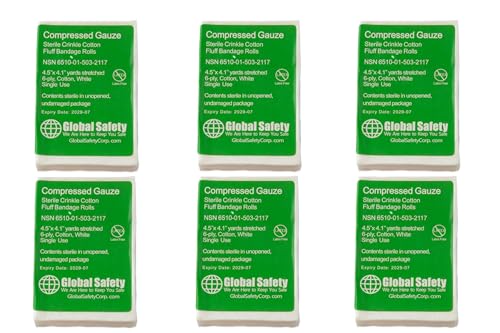 Global Safety Gasas Comprimidas, 100% Algodón, 1.2 oz, 4.5 in. x 4.1 yd, Estériles, 6 capas, Ultra-compactas, Vendaje para heridas, Paquete de 6 miniatura 1