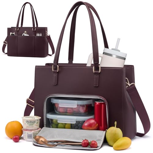 Image of LOVEVOOK Lunch Bag for Women, Leather Work Laptop Tote Bag with Insulated Lunch Compartment&Cup Holder, 17.3 Inch 2 in 1 Lunch Tote for Business, Teacher, Nurse, Office, College, Casual