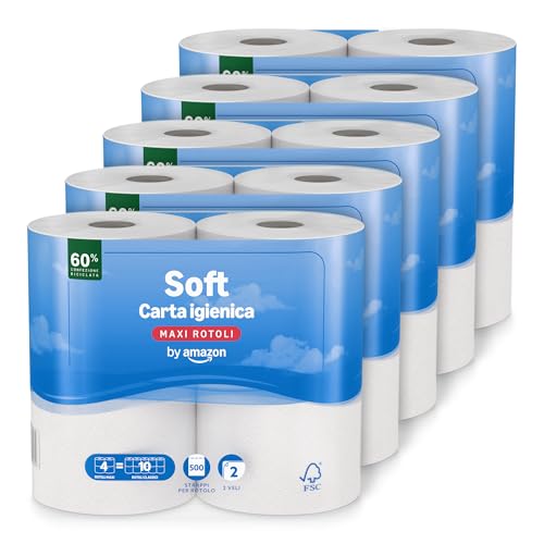 by Amazon Carta Igienica (Rotolo Maxi) Trapuntata a 2 Veli, Morbida e Delicata, 20 Rotoli (5 Confezioni da 4), 500 Strappi per Rotolo