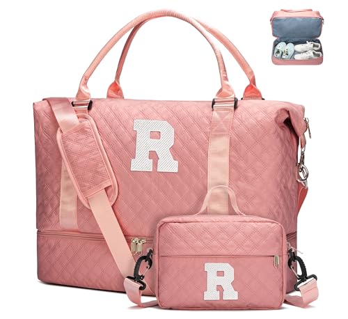 WOOMADA Initial Duffle Bag with Shoe Compartment,Personalized Weekender Bag, Overnight Bag for Women Girls, Gym Bag with Toiletry Bag