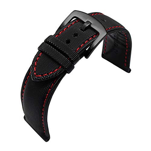 20mm/21mm/22mm/23mm/24mm Nylon und Lederband Herren Classic Pin Schnalle Uhrenarmband Militär Art Wasserdicht Armband, Schwarz, Rot, Schwarz 23mm Cover