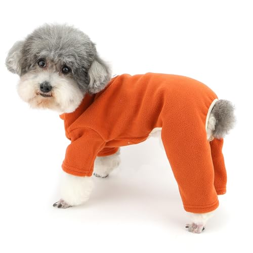 ZUNEA 犬服 秋冬 犬用 ロンパース つなぎ 小型犬 おしゃれ かわいい フリース カバーオール Dリング付き 暖かい 防寒 セーター パジャマ 可愛い 柔らかい 部屋着 寝間着 ジャンプスーツ ペット チワワ服 ドッグウェア 洋服 お散歩 オレンジ