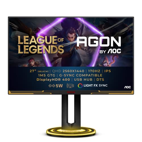 AOC Agon Pro AG275QXL - 27 Zoll QHD Gaming Monitor, 170 Hz, 1 ms, FreeSync, G-Sync Compatible, HDR400 (2560x1440, HDMI, DisplayPort, USB Hub) schwarz/gold