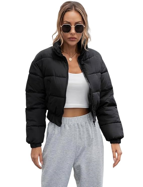 mystify Cropped Puffer Jacket for Women, Quilted Winter Coat, Zip-Up Stand Collar-picture-51