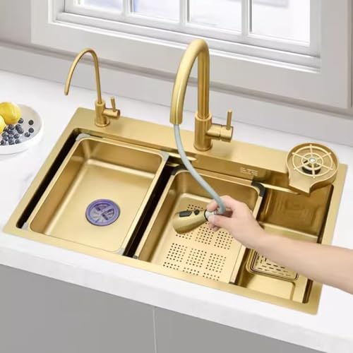 CSXSXAUO Lavavajillas de Acero Inoxidable Dorado de una Sola Ranura para Uso doméstico, estación de Trabajo, Cocina, con Grifo extraíble y Vaso presurizado (Color: Dorado, tamaño 75 x 45 x