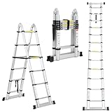 Escalera telescópica de 3,8 m (1,9 + 1,9), soporta hasta 150 kg, escalera extensible portátil, escalera de aluminio con pies antideslizantes para techo, ático y autocaravana