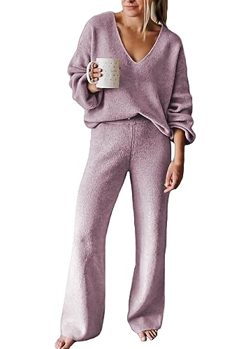 Image of Viottiset Women's 2 Piece Outfits Casual V Neck Knit Wide Leg Sweater Lounge Set Sweatsuit