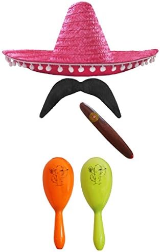 MEXICAN FANCY DRESS ACCESSORY SET. MEXICAN SOMBRERO + MARACAS + TASH. PERFECT FOR MEXICAN FANCY DRESS COSTUMES SENORITA BANDIT MARIACHI (BLACK POM POM SOMBRERO + GREEN AND RED MARACAS)