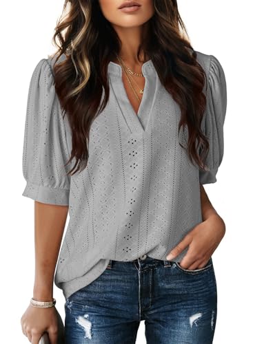 Image of Dokotoo Womens Blouses V Neck Puff Short Sleeve Business Casual Tops
