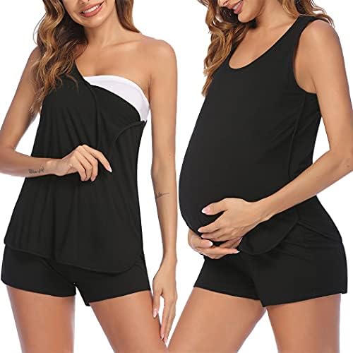 Ekouaer 3 in 1 Maternity Nursing Pajamas Set Snapped Breastfeeding Tops with Adjustable Size Pregnancy Shorts Black Large