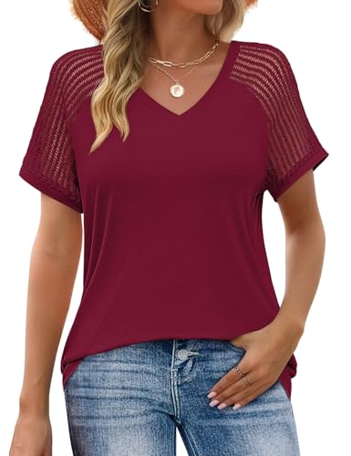 JUSTFASHIONNOW Short Sleeve Blouses for Women Dressy Casual Summer Tops Business Work V Neck Shirts Spring Clothing（Wine Red,Small