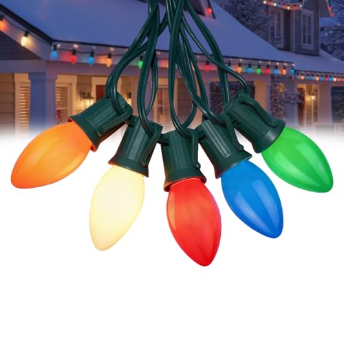 DOSNTO 25Ft Outdoor Multicolor Ceramic Christmas String Lights, C9 Vintage Opaque, Incandescent, Indoor/Outdoor, 25 Bulbs, 7W, 120V, 25 Feet, Green Wire