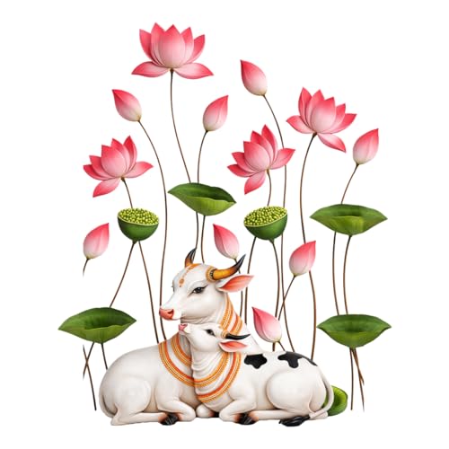 Image of Rangoli Cow Calf Lotus Wall Sticker 16 x 16 Inch Floral Spiritual Design Self Adhesive Wall Decor for Living Room Bedroom Pooja Room Traditional Wall Art