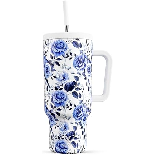 Meoky 40 oz Tumbler with Handle and Straw: Stainless Steel Insulated Tumbler with Lid and Straw - 100% Leak Proof Tumbler for Car Cup Holders - Travelers Commuters Workers, Blue Rose