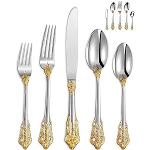 KEAWELL Luxury 65 Pieces 18/10 Stainless Steel Flatware set, Service for 12, silver plated with gold accents, Fine Silverware set and Dishwasher Safe KEAWELL Luxury 65 Pieces 1810 Stainless Steel Flatware set Service for 12 silver plated with gold accents Fine Silverware set and Dishwasher Safe