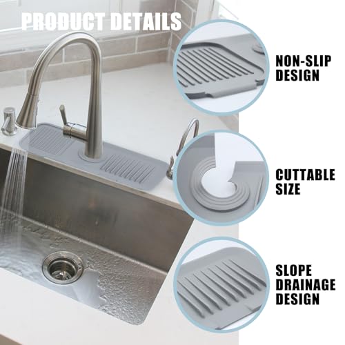 CUIDAKJ 37×14 cm Spüle Splash Guard Matte,Wasserhahn Spritzschutz Silikon Abtropfmatte für Küche Spritzfänger,Tropfschutz Splash Arbeitsplatte,Waschbecken Silikonmatte Bad Spülbecken Organizer-Grau