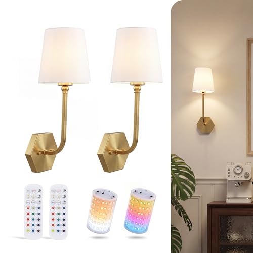 Image of CLOUDY BAY 10000mAh Battery Operated Wall Sconces,Up to 100 Hours with Rechargeable RGB Dimmable Magnetic Bulb,Cordless Wall Lighting Fixtures with Remote for Bedroom,Soft Gold,2 Pack-17.9inch