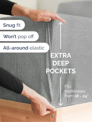 Image of Extra Deep Split King Fitted Sheet - Single Fitted Sheet - Heathered Grey | Easily Fits 18 inch to 24 inch Mattress, Soft, Wrinkle Free, Breathable & Comfy, Extra Deep Pockets Hotel Luxury Fitted Sheet