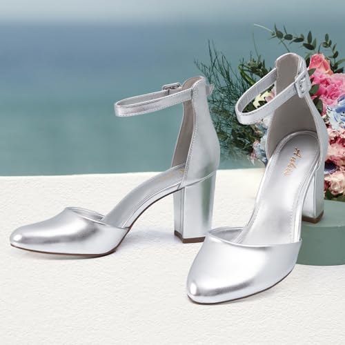 Image of Ankis Closed Toe Heels for Women -Black Nude White Silver Gold Womens Heels Closed Round Toe Chunky Block Pumps Shoes, 3 Inch