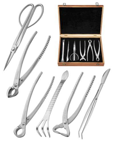 Bonsai Tool Set 6PCS with Wood Box Concave Cutter Knob Cutter Pruning Shears Trunk Splitter Root Rake & Precision Tweezers Professional Stainless Steel Bonsai Tools for Pruning & Repotting