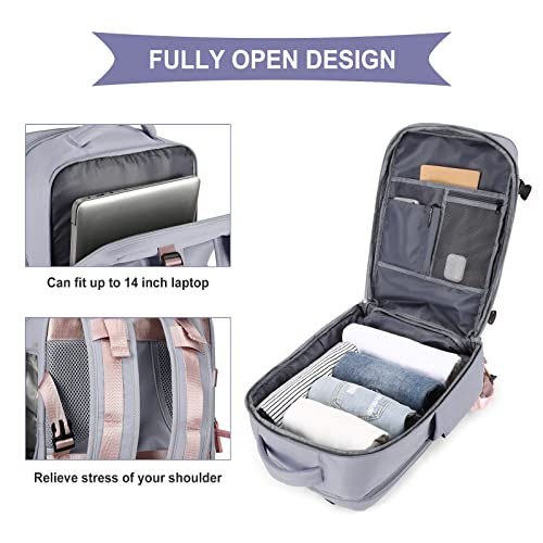 Large Travel Backpack Women, Carry On Backpack,Hiking Backpack Waterproof Outdoor Sports Rucksack Casual Daypack School Bag, Laptop Backpack Flight Approved，Light Purple #TOP2