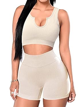 AMAZON - Seamless Workout Sets for Women 2 Piece Ribbed Yoga Gym Outfits High Waisted Acitve Shorts With Sport Bra Tracksuit Set（Beige-seamless Shorts，Large）