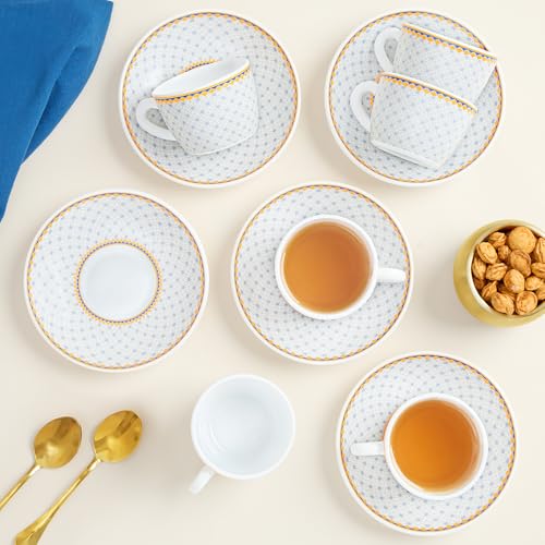 Image of Larah by BOROSIL Premia Series Kosmia 12pc Opalware Tea /Coffee Cup & Saucer Set (140ml Each) | Embossed Design, Microwave & Dishwasher Safe | Crockery Set Ideal for Daily Use & Gifting, White