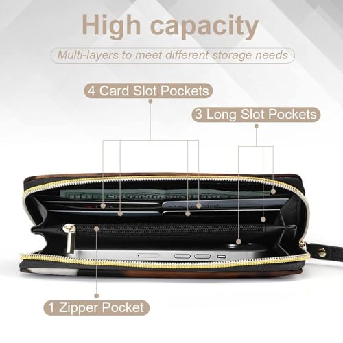 Brown Cowhide Art Print PU Leather Wristlet Wallet Slim Card Holder Organizer with Zipper Coin Pocket & Cash Slots for Women Men4