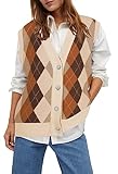 Sovoyontee Women's Oversized Sleeveless Sweater Vest V Neck Button Down Knit Cardigan Tank Tops Khaki Argyle M