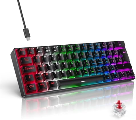 TECURS Clavier Gamer Mecanique - Clavier Gaming 60 Pourcent Azerty Filaire, Switchs Rouge, LED Rétroéclairé, Clavier Mini pour PC/Windows/PS5/PS4, Noir