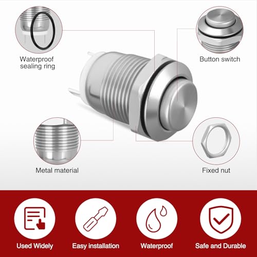 Image of Nilight 12mm Momentary Push Button Switch 6PCS Waterproof | 12V Stainless Steel Small Round Power Push Button Switches 2 Pin for Car Automotive Truck Boat Marine Off-Road Vehicle