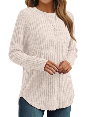 AUTOMET Womens Long Sleeve Shirts Fall Fashion Tops 2025 Crewneck Dressy Sweaters Tunic Winter Clothes Casual Outfits Apricot M