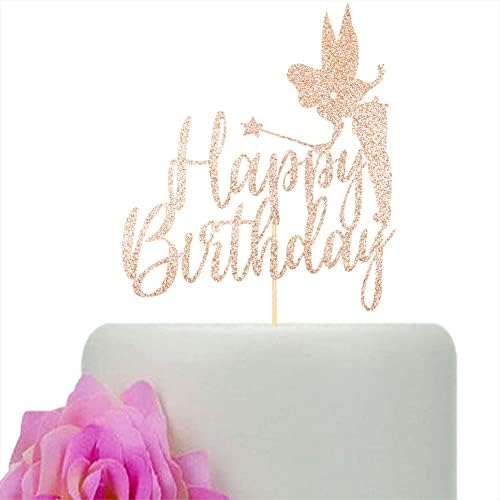 Tinker Bell Happy Birthday Cake Topper, Fairy Tinkerbell Disney Princess Girls Birthday Party Cake Decorations, Rose Gold Glitter