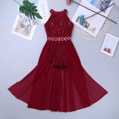 ranrann Kids Girls Sleeveless Floral Lace Shiny Rhinestone Maxi Dress Birthday Party Formal Dance Romper Gown Burgundy 13-14