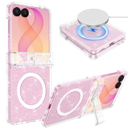 Shecaset for Galaxy Z Flip 8 Case,[Compatible with MagSafe][Built-in Screen Protector][Kickstand],Hard PC Hinge Protection Slim Fit Shockproof Girls Case for Samsung Galaxy Z Flip 8,Clear