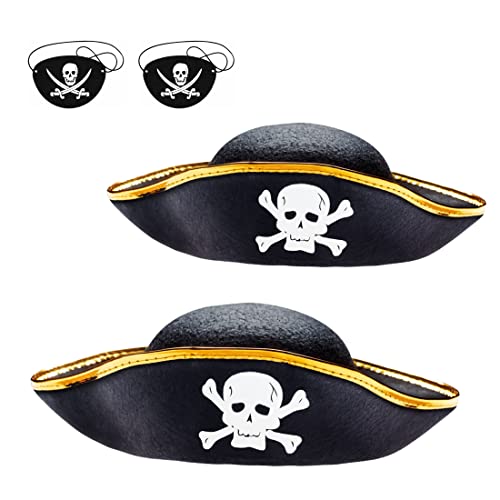D-Fokes 2 Packs Kids Felt Pirate Hat - Tri Corner Pirate Party Hat - Skull Print Pirate Captain Costume - Party, Birthday, Halloween Accessories with Eye Patch