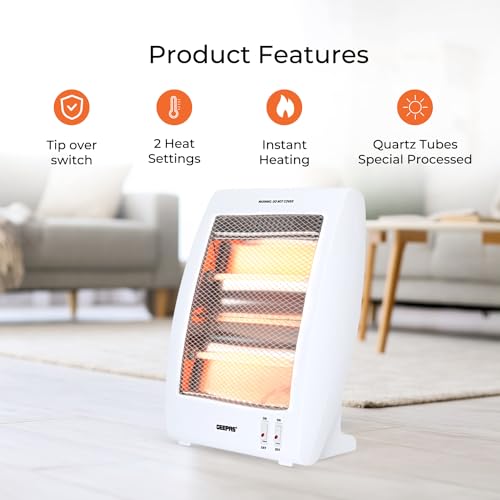 Geepas Quartz Halogen Heater, Pack of 2 | Portable Upright Electric Heater with 2 Heat Settings 400W/800W, Safety Tip Over Switch, Ideal for Home Office Caravans and Garages, 800 W, White