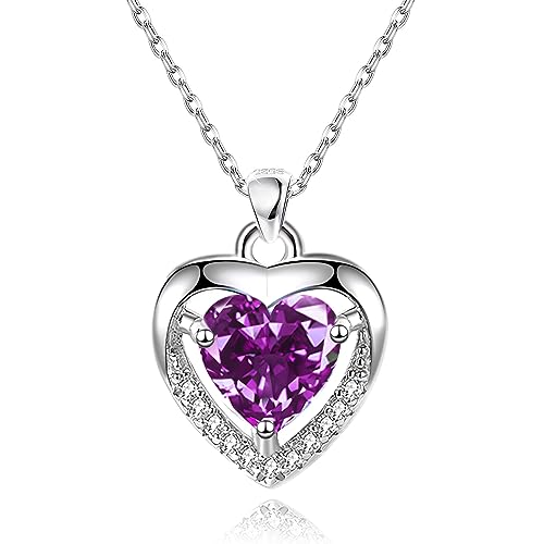 EXGOX Silver Heart Necklaces, 925 Sterling Silver Necklace for Women Crystal Heart Necklace Dainty Love Heart Necklace Adjustable Silver Chain Necklace Women Birthday Gift (Purple-Crystal Heart)