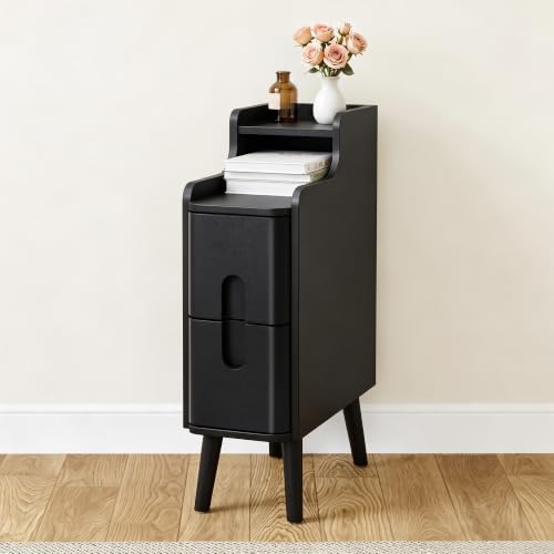 Image of FurSch Narrow Nightstand Set of 2, Wooden Small 2 Drawer, Black