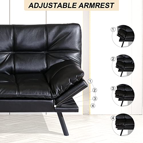 Opoiar Futon Convertible Sofa Bed Faux Leather Futons Couch Black Memory Foam Sleeper Small Folding Futon Sets With Removable Armrests For Compact Living Room,Apartment, Black #TOP2