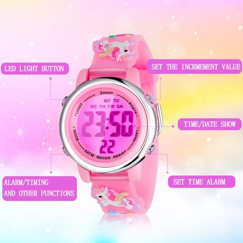 NEWITIN 4 Pieces Girls Watch Bracelets Set Multifunctional 7 Color Lights Digital Sport Alarm Stopwatch 3D Waterproof Unicorn Watch Jewelry Set for Girls 3-10 Years Old Kids3